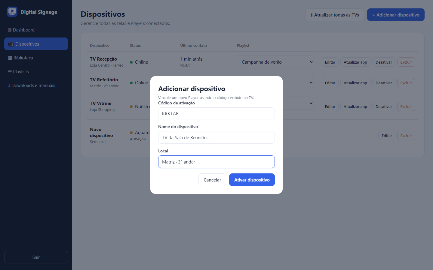 Painel: janela "Adicionar dispositivo" com o código digitado (captura real)