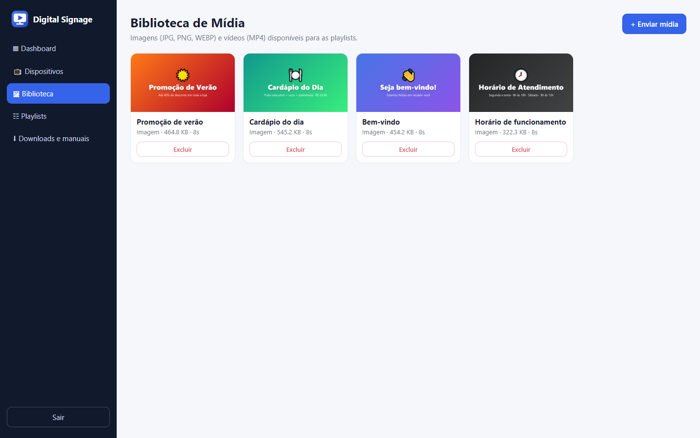 Biblioteca de mídia com as imagens enviadas (captura real)