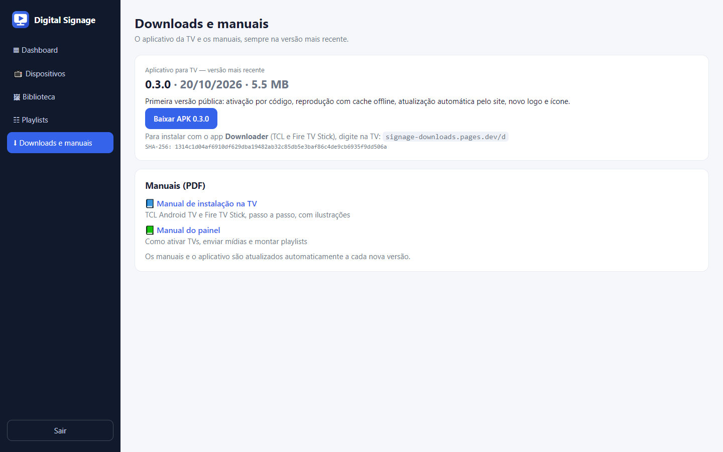 Página "Downloads e manuais" do painel (captura real)
