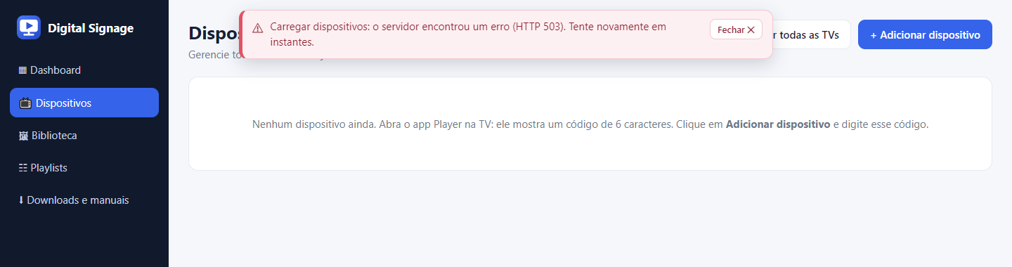 Aviso de erro do painel: o servidor não respondeu (captura real)