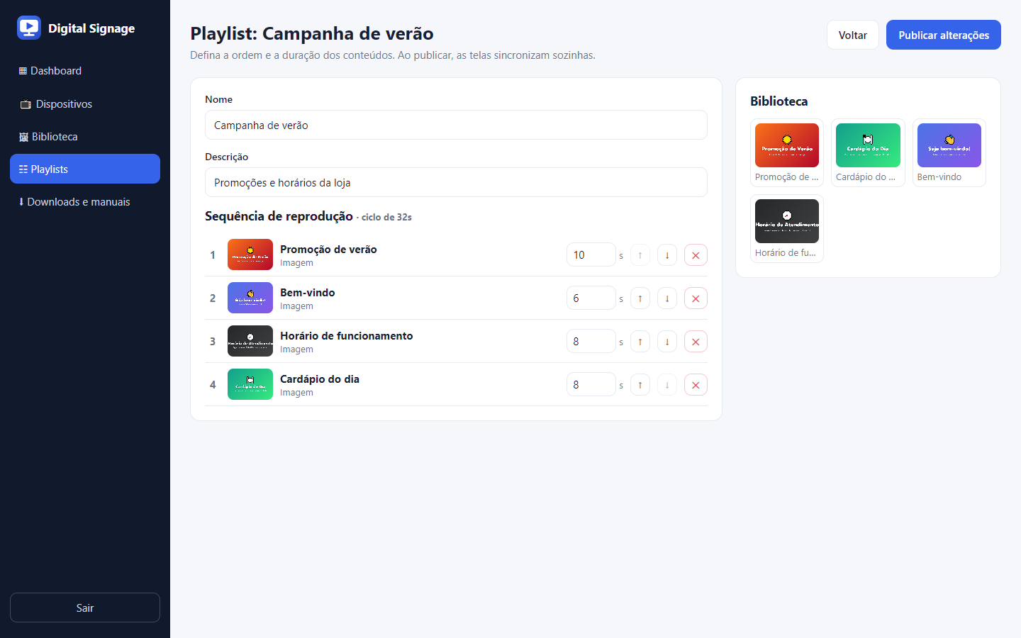 Editor de playlist: sequência de reprodução à esquerda e biblioteca à direita (captura real)