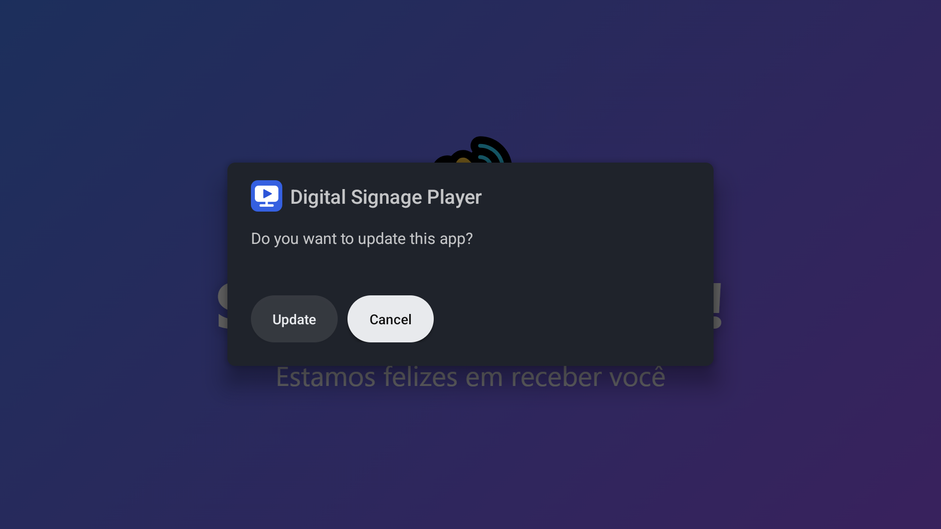 Janela do Android pedindo para confirmar a atualização do Player (captura real, Android TV 14)