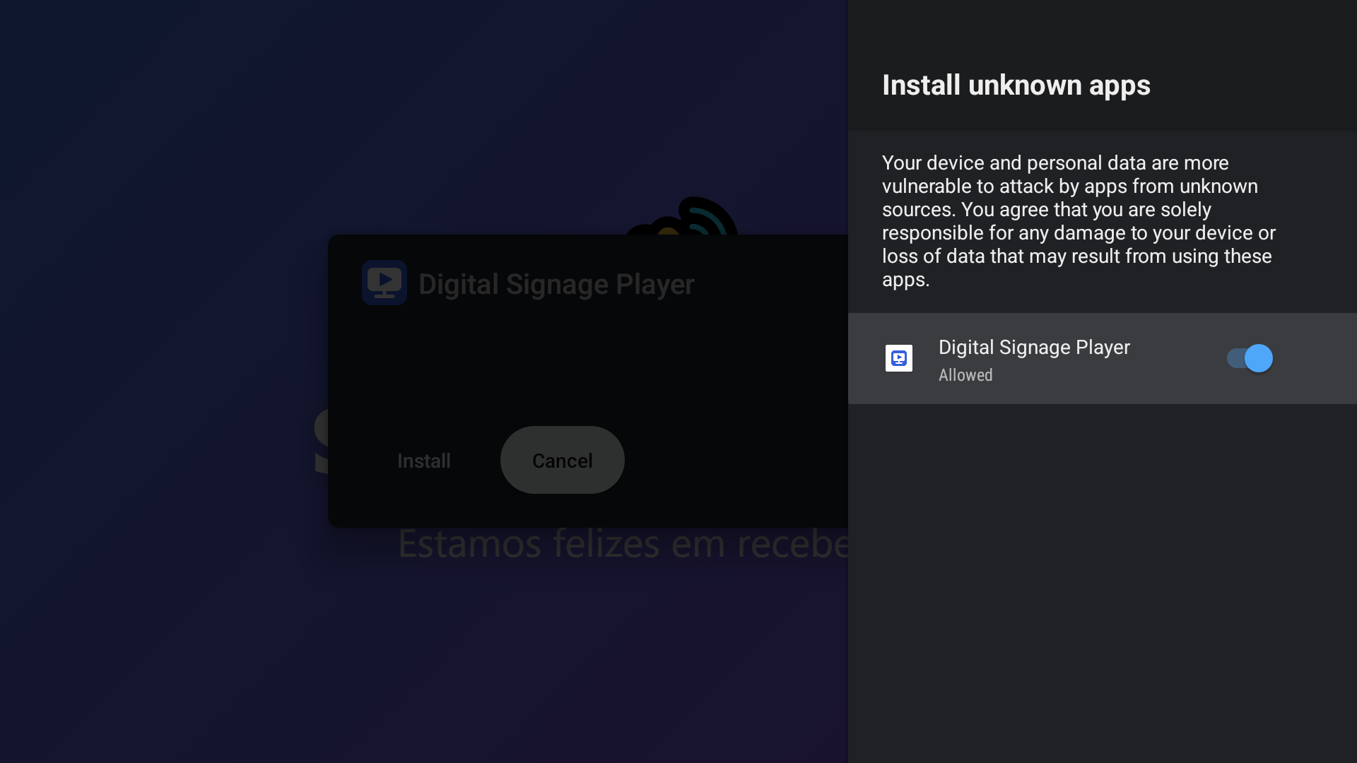 Tela real "Instalar apps desconhecidos" do Android TV, com o Digital Signage Player permitido
